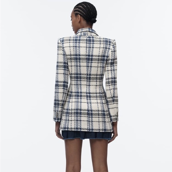 Zara Ecru & Blue Double Breasted Textured Weave Blazer Jacket - Picture 13 of 16
